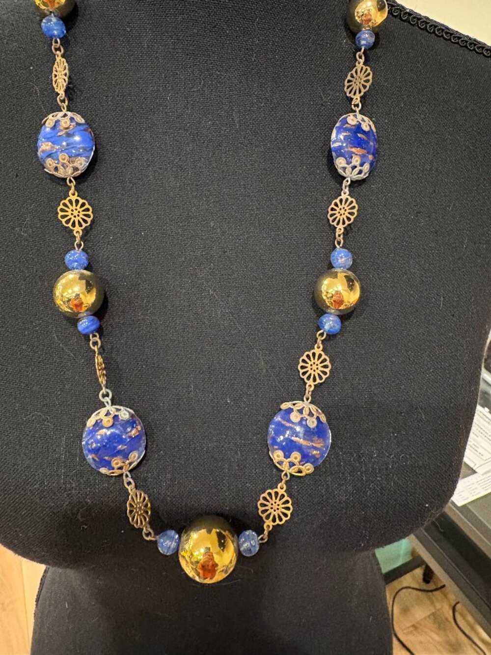 1930's Foiled Italian Art Glass and Brass Necklace